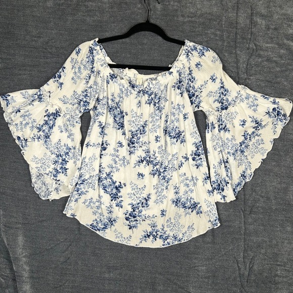 Peppermint Tops - Peppermint Top Womens Small White Blue Floral Off Shoulder Bell Sleeve Boho